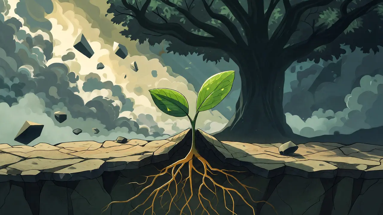 Conceptual art of a small token growing under the shadow of larger competitors, backed by roots.