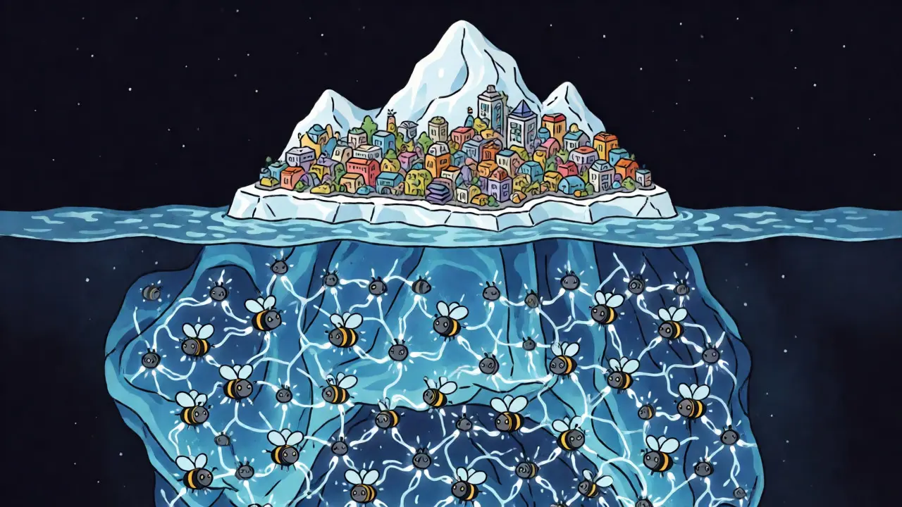 Cross-section of a digital iceberg showing busy blockchains above and the Naoris Sub-Zero Layer below.