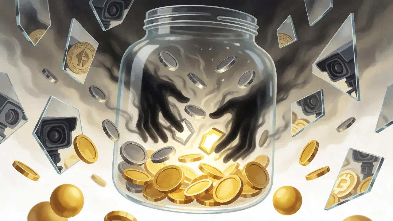 Crypto coins being shuffled in a surreal glass jar