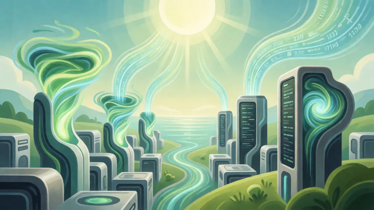 Futuristic cartoon scene of sustainable energy powering abstract cryptocurrency mining servers.