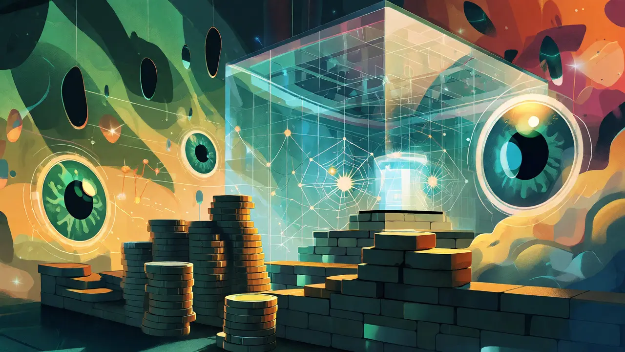 Futuristic fortress built from coins, biometric eyes, and trust graph webs protecting a network.