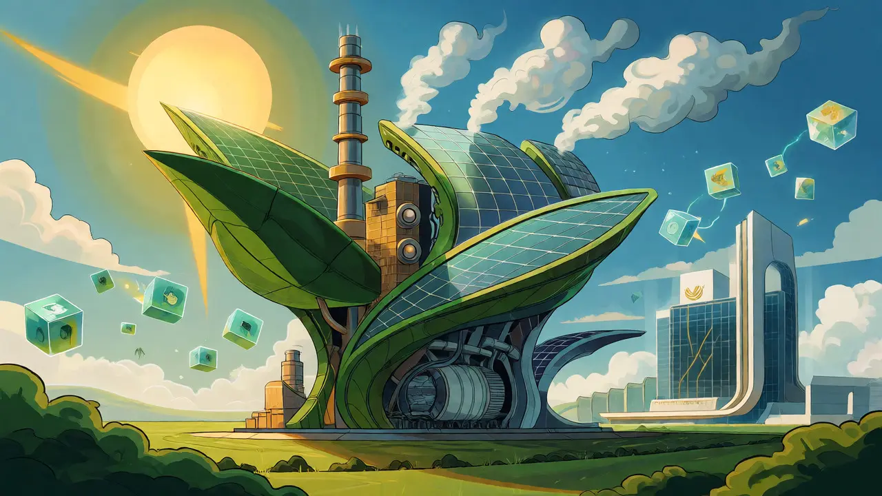 Futuristic surreal art showing a hybrid green energy plant supporting regulated digital asset trading.