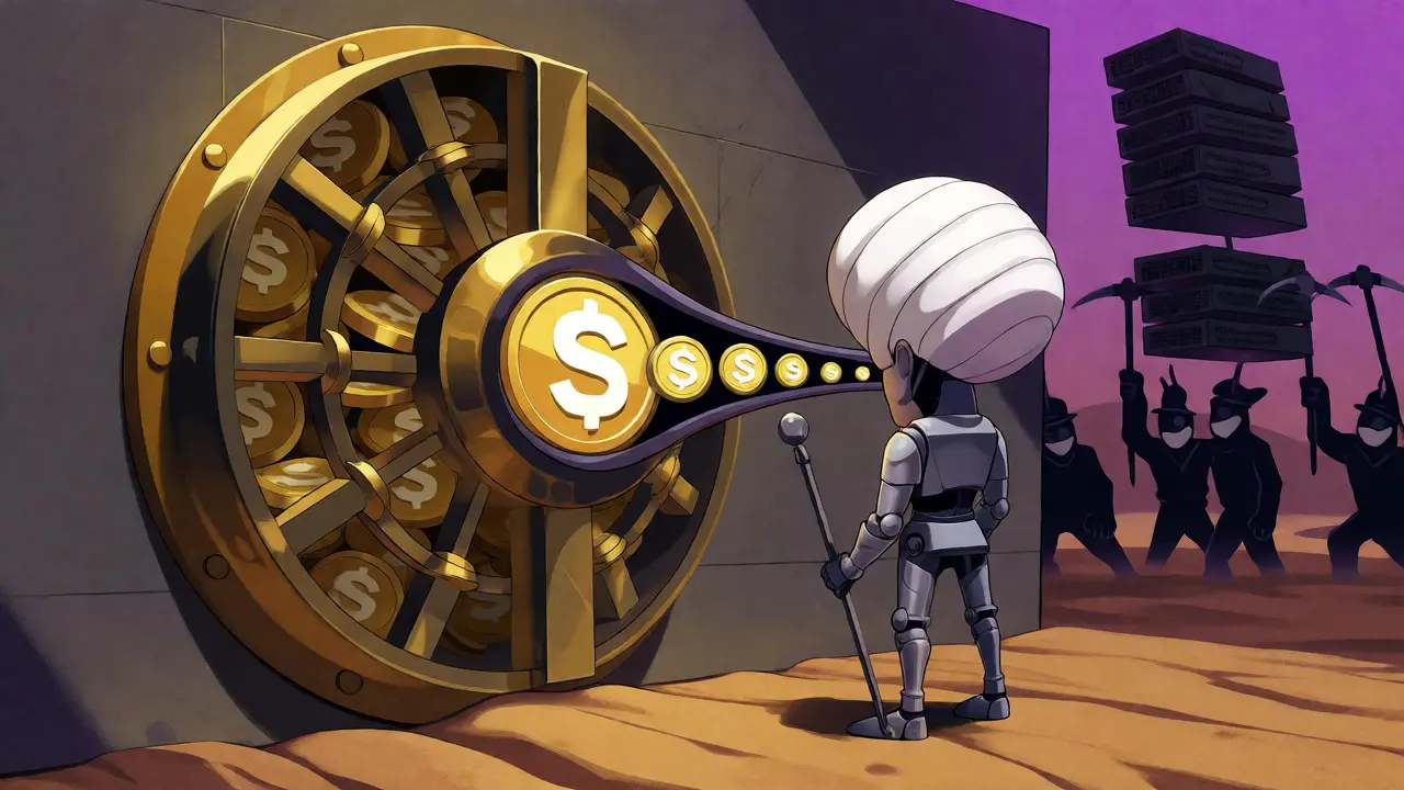 Guarded vault squeezing stablecoins through a strict monetary cap