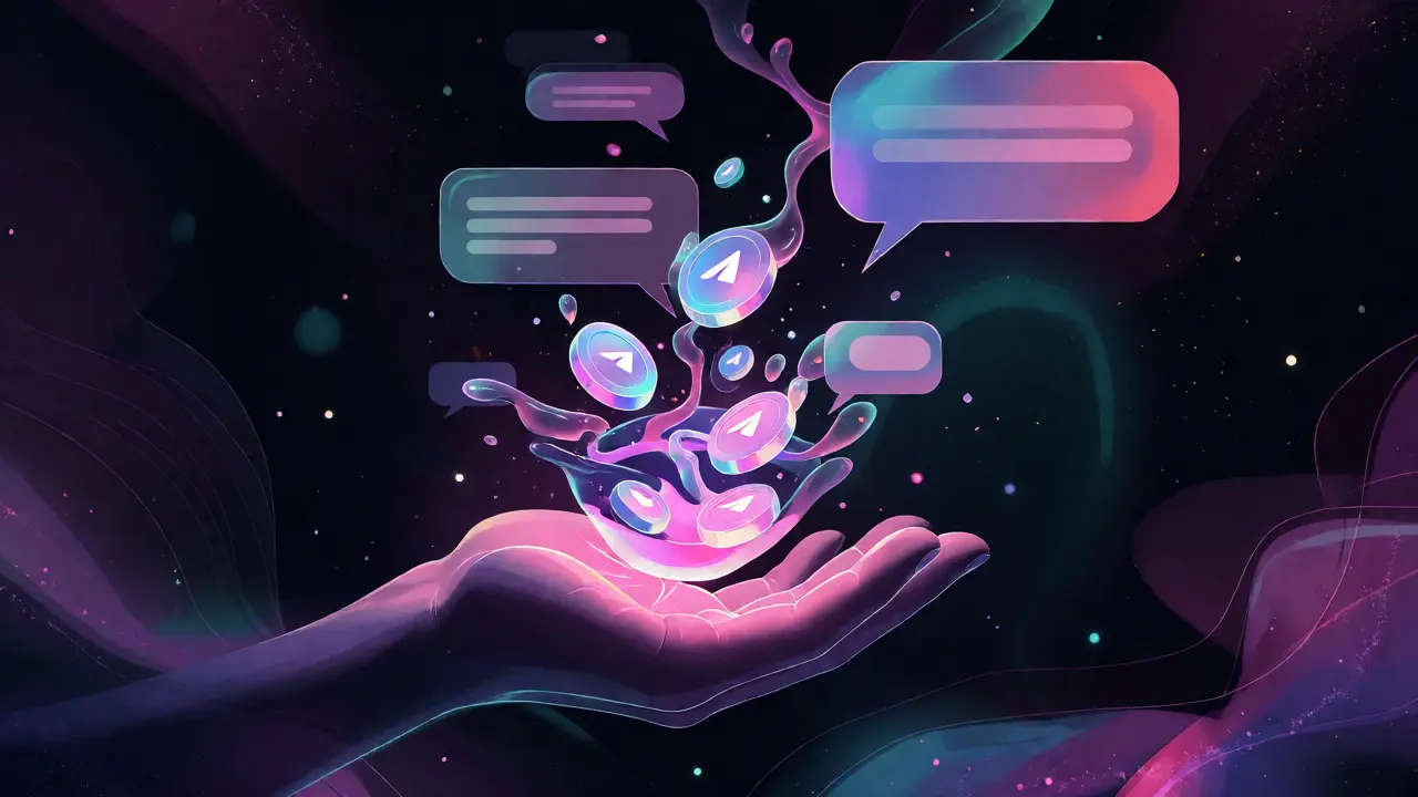 Hand holding morphing crypto tokens flowing into a vessel, with floating chat bubbles in a cosmic background.