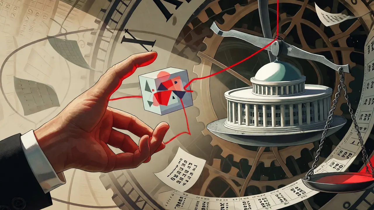Hand reaching for tax cubes tethered to a balanced government building.