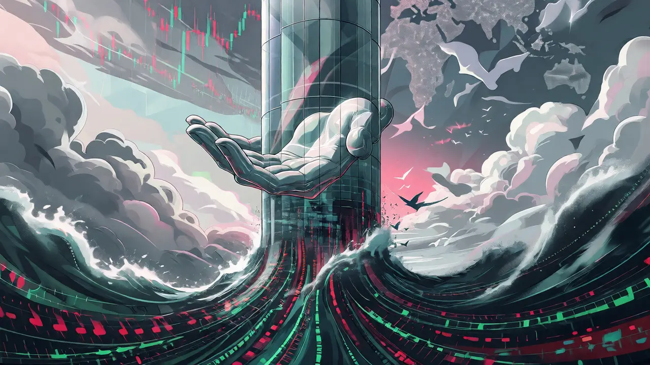Institutional hands lifting a glass tower above a chaotic digital ocean.