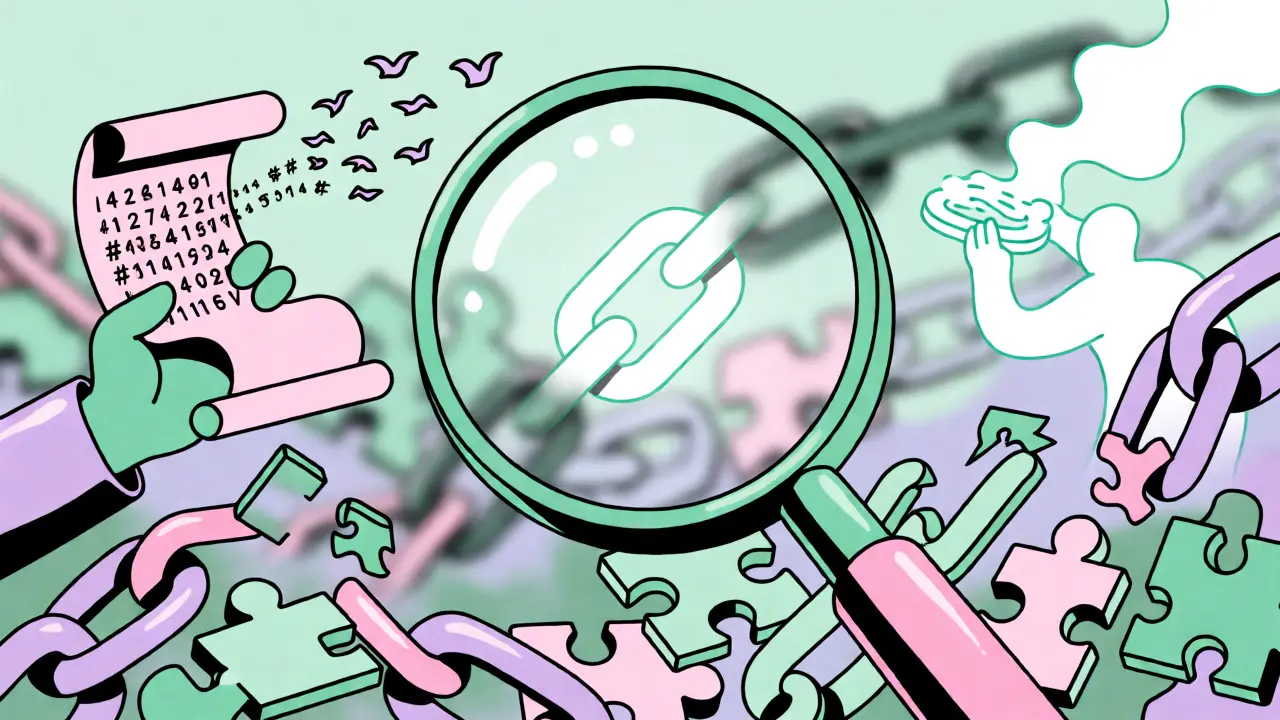 Magnifying glass verifying a glowing blockchain link