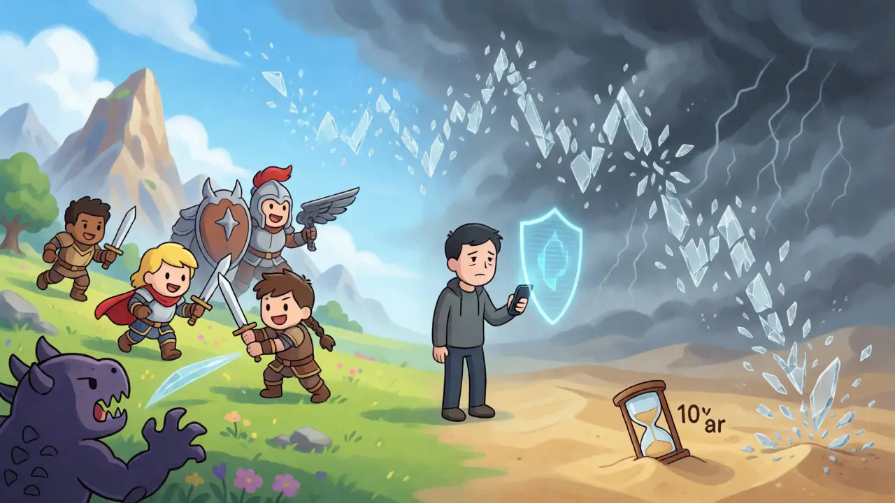 Split-scene artwork contrasting Dragonary gameplay with volatile token price charts.