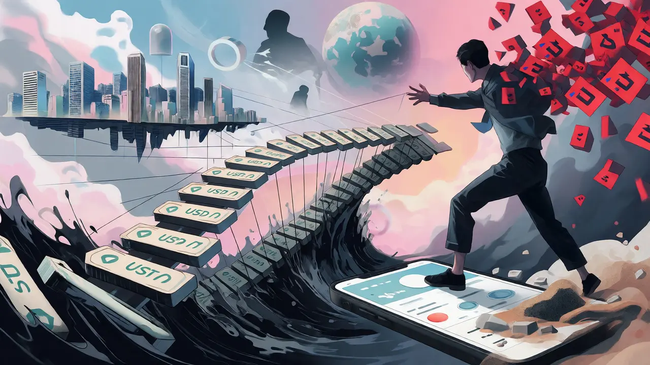 Surreal art showing a broken bridge of stablecoins separating a Korean city from global markets, illustrating DeFi restrictions.
