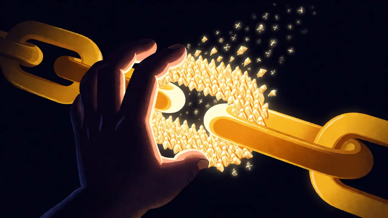 Surreal art showing a massive chain defended by many small glowing figures from a shadowy hand.