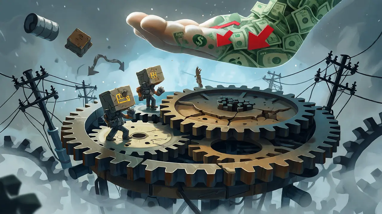 Surreal clockwork mining machinery crushed by a giant hand of economic forces.