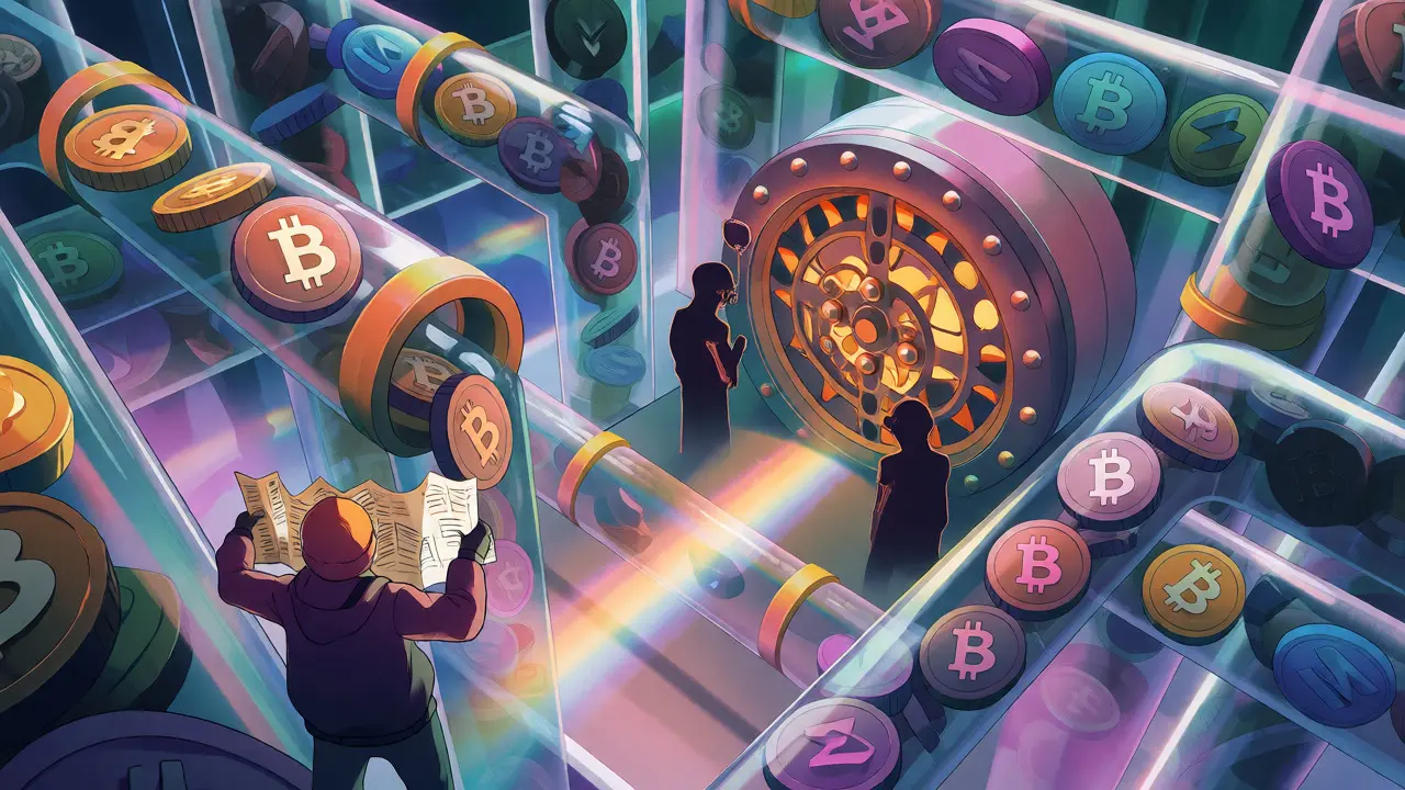 Surreal maze of glass tubes filled with crypto tokens guided by an explorer with tax forms.