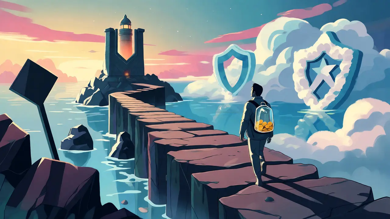 Surreal path over water leading to a safe lighthouse, symbolizing secure crypto exchanges.