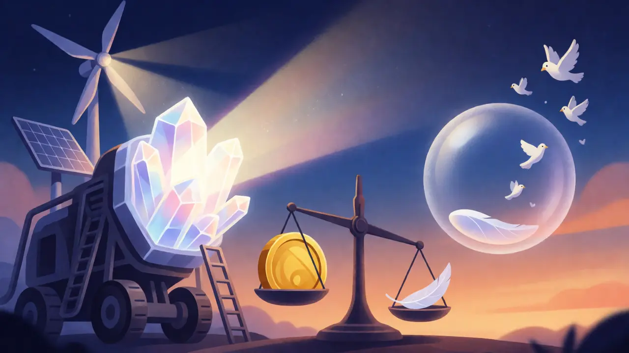 Surreal scene balancing mining energy consumption against eco-friendly alternatives