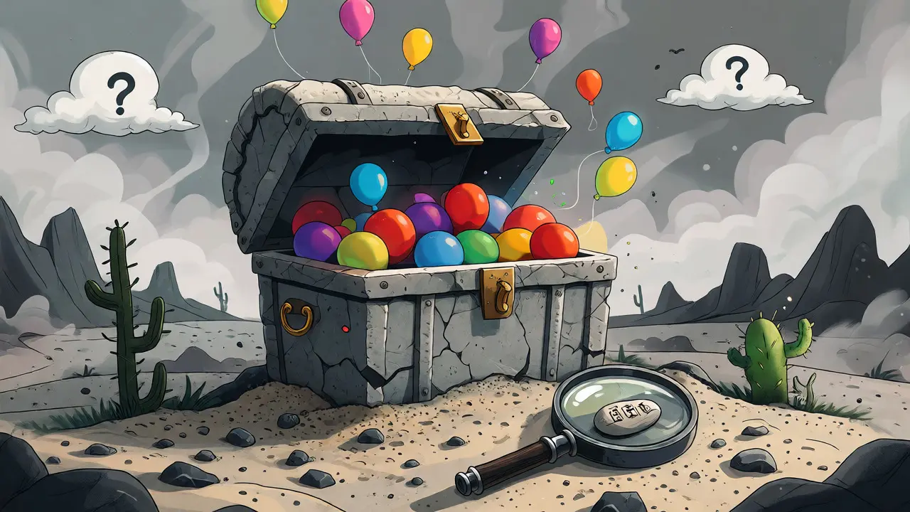 Surreal scene of a treasure chest releasing popping balloons in a barren desert, symbolizing risky airdrops.