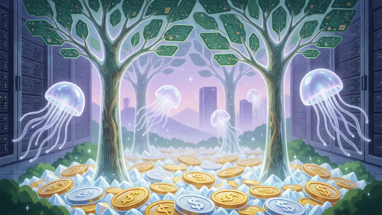 Surreal server garden with AI jellyfish validating circuit trees amidst glowing NAORIS tokens.