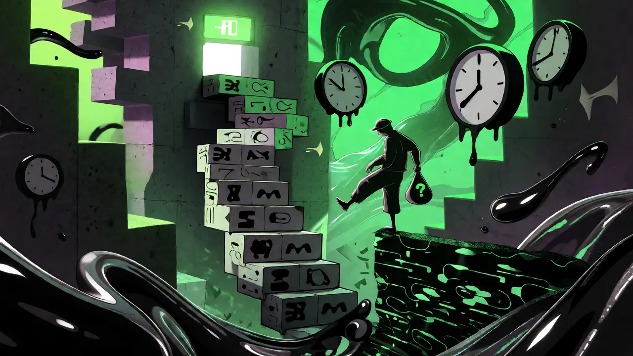 Trader balancing on unstable blocks above a data chasm, depicting high risk and slow support.