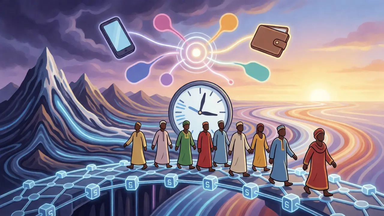 Traders crossing a blockchain bridge as old laws melt into structured regulatory pathways at dawn.