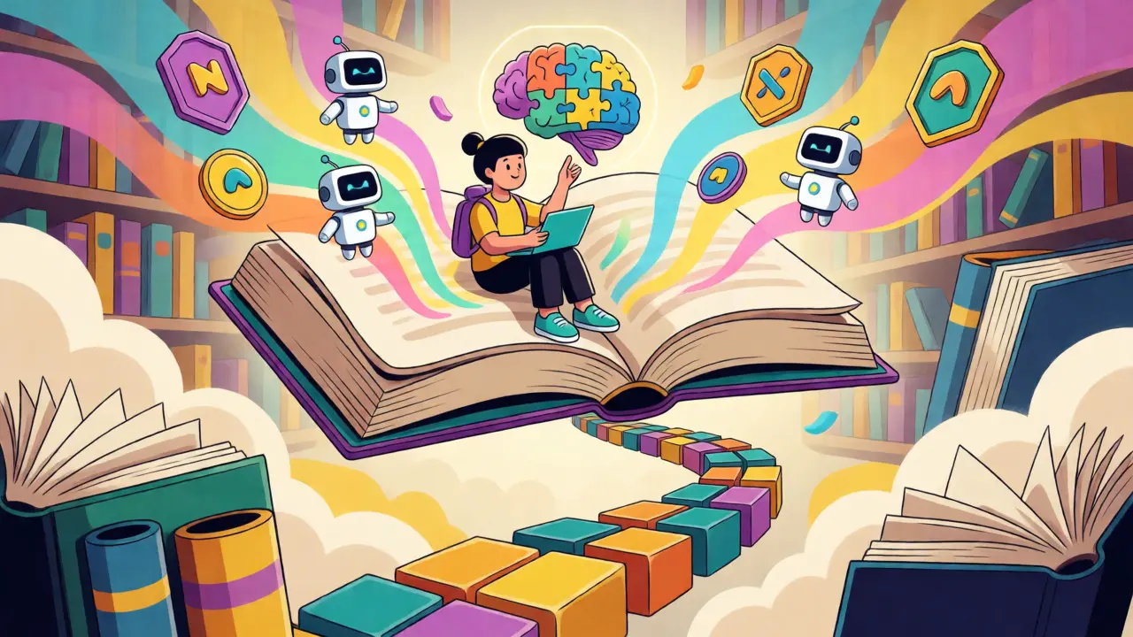 Whimsical cartoon of a student on a floating book surrounded by AI and NFT learning rewards.