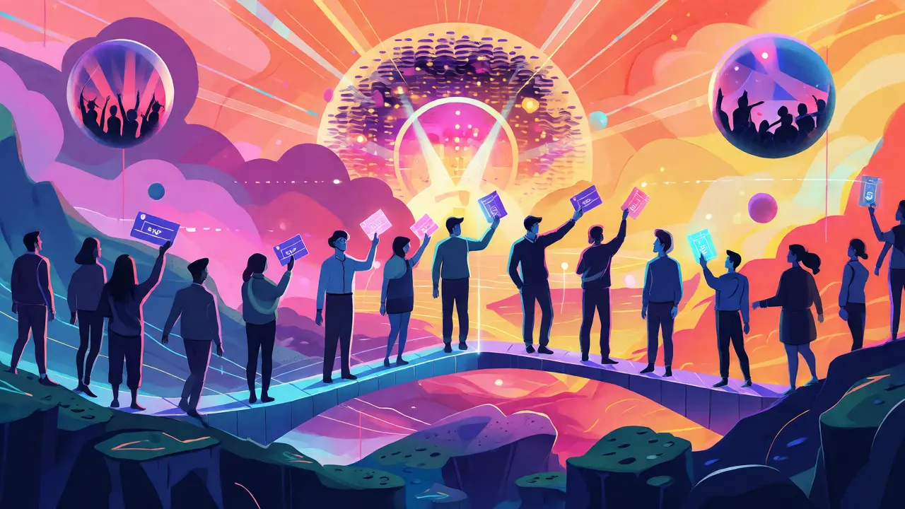 Whimsical landscape depicting NFT tickets bridging blockchains and empowering creators.