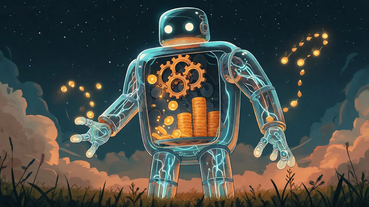 Whimsical robot processing tokens in a field, symbolizing smart contract automation