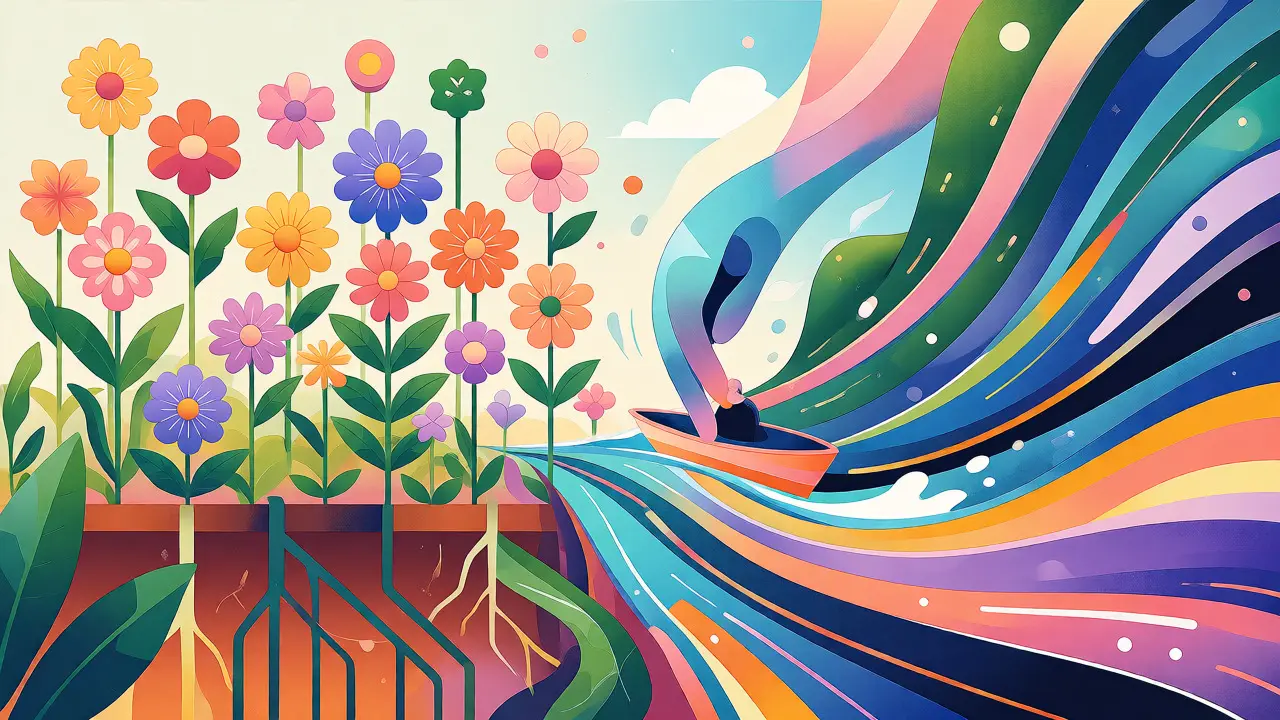 A surreal landscape blending a secure digital garden with a flowing data stream.