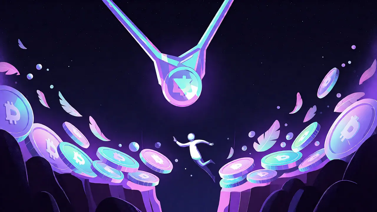 A trader floating among feather-like crypto tokens and a large crystal lever.