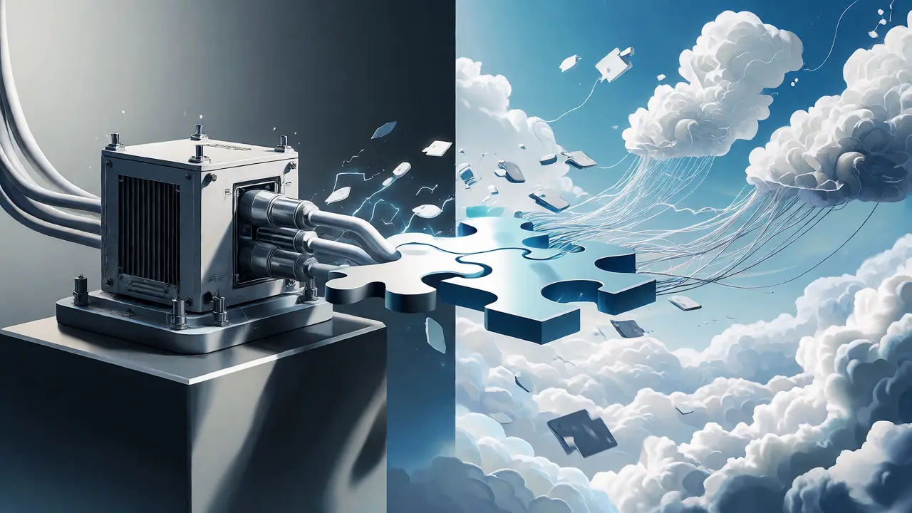 Abstract art comparing on-premises hardware speed with cloud infrastructure flexibility via a bridge.