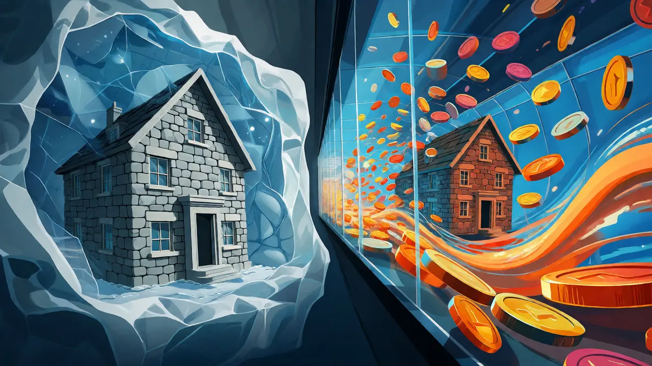 Abstract art contrasting a frozen traditional house with fast-flowing digital real estate tokens.