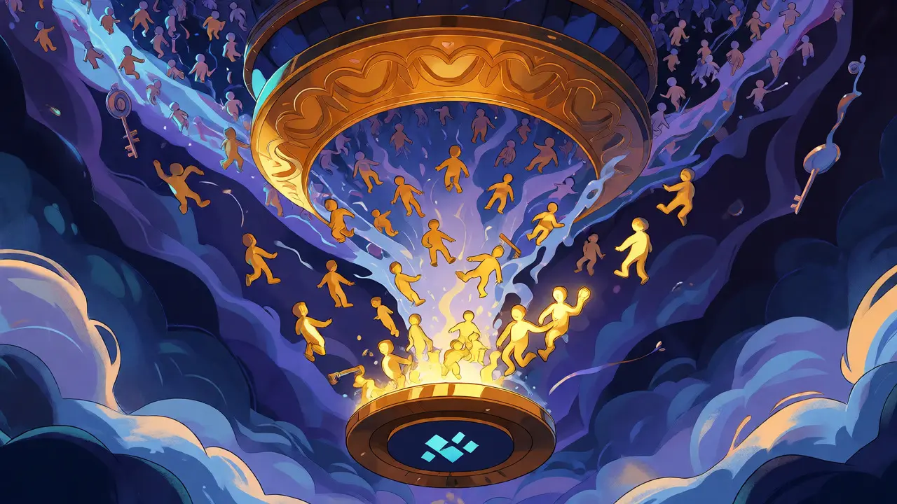 Abstract art of a golden funnel selecting unique participants from a crowd