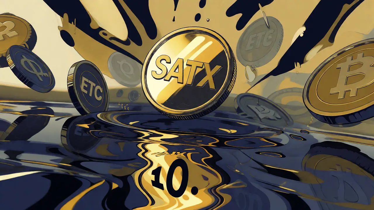 Abstract art showing a SATX token with a zero-value reflection, highlighting supply confusion.