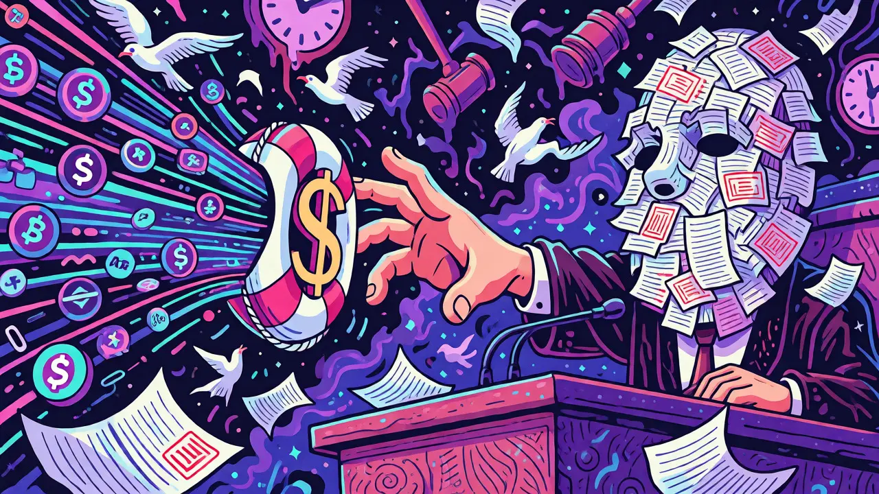 Abstract cartoon of a hand reaching from digital chaos towards a dollar-sign life preserver in a surreal court.