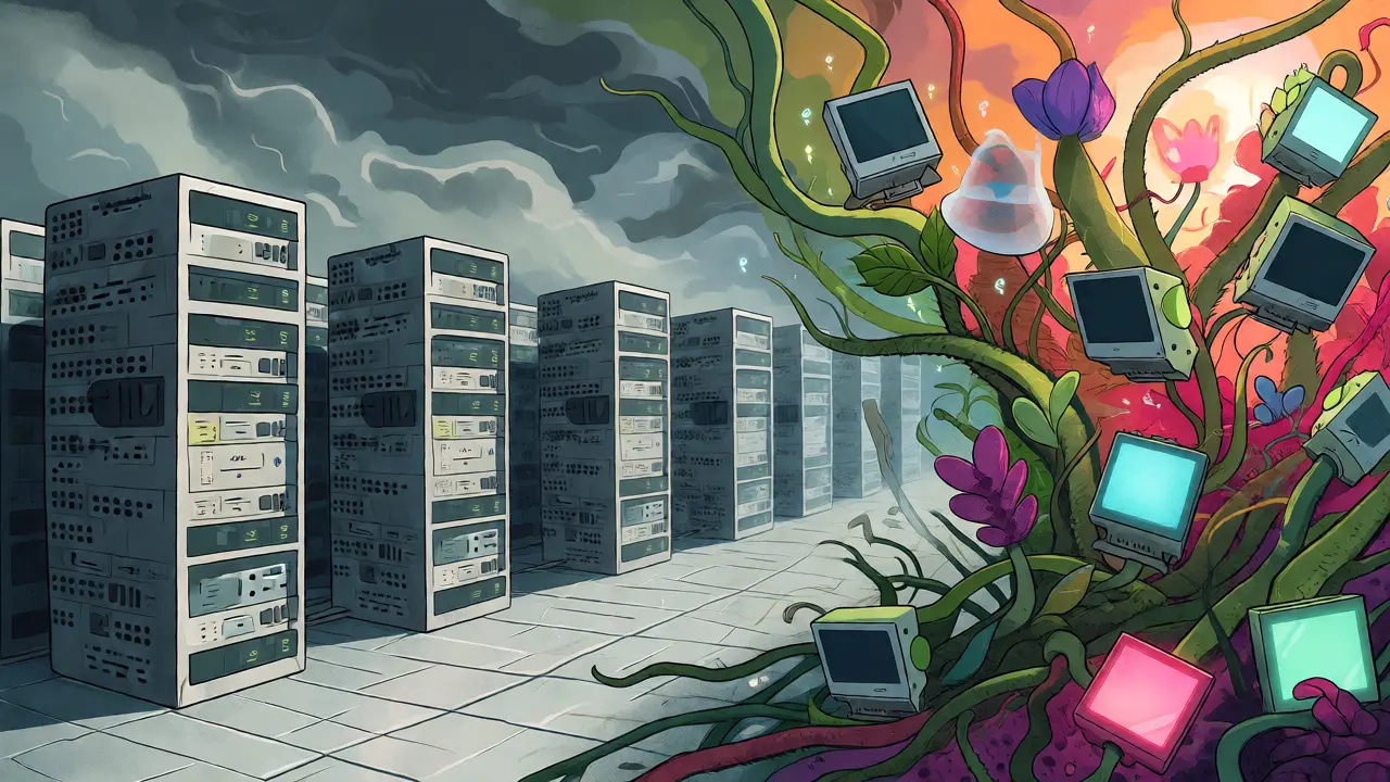 Abstract comparison of centralized servers versus decentralized node garden.