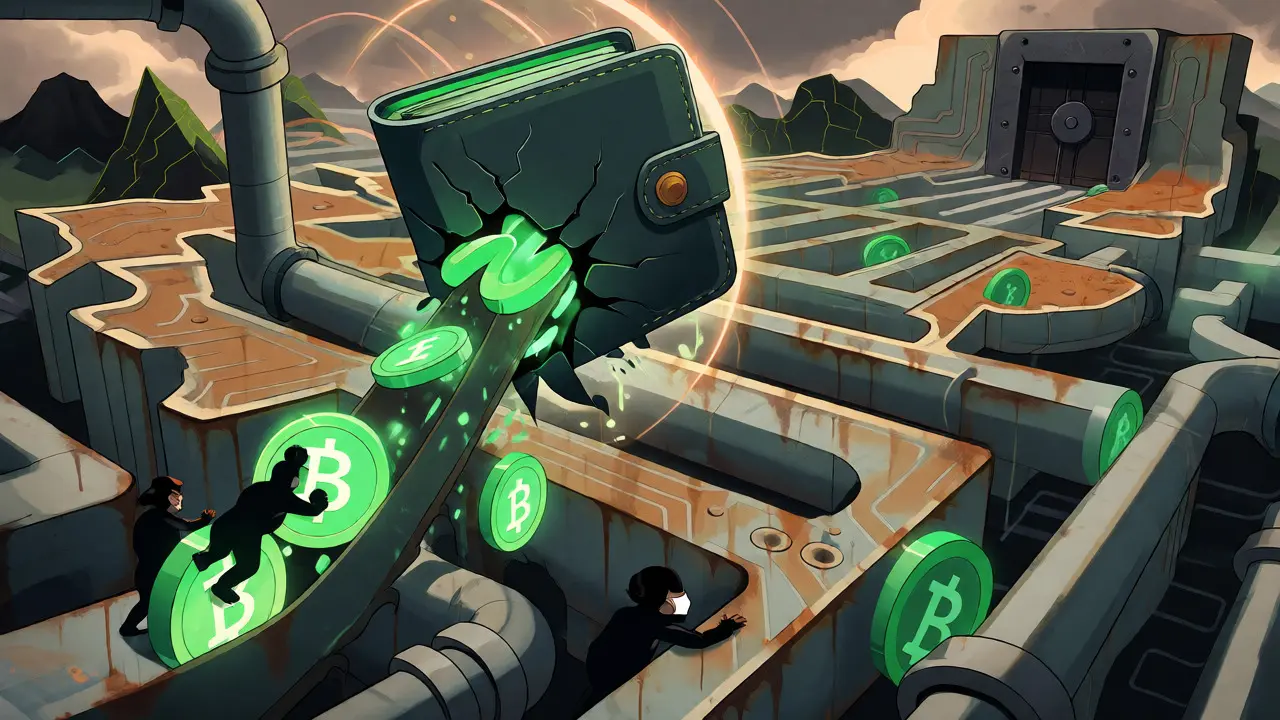 Abstract depiction of cryptocurrency flowing through a maze-like laundering network