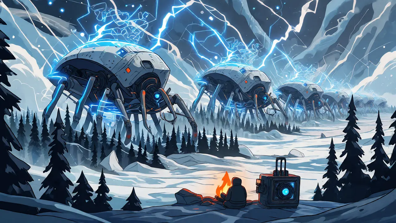 Abstract depiction of cryptocurrency mining operations in a snowy Siberian landscape with robotic rigs.