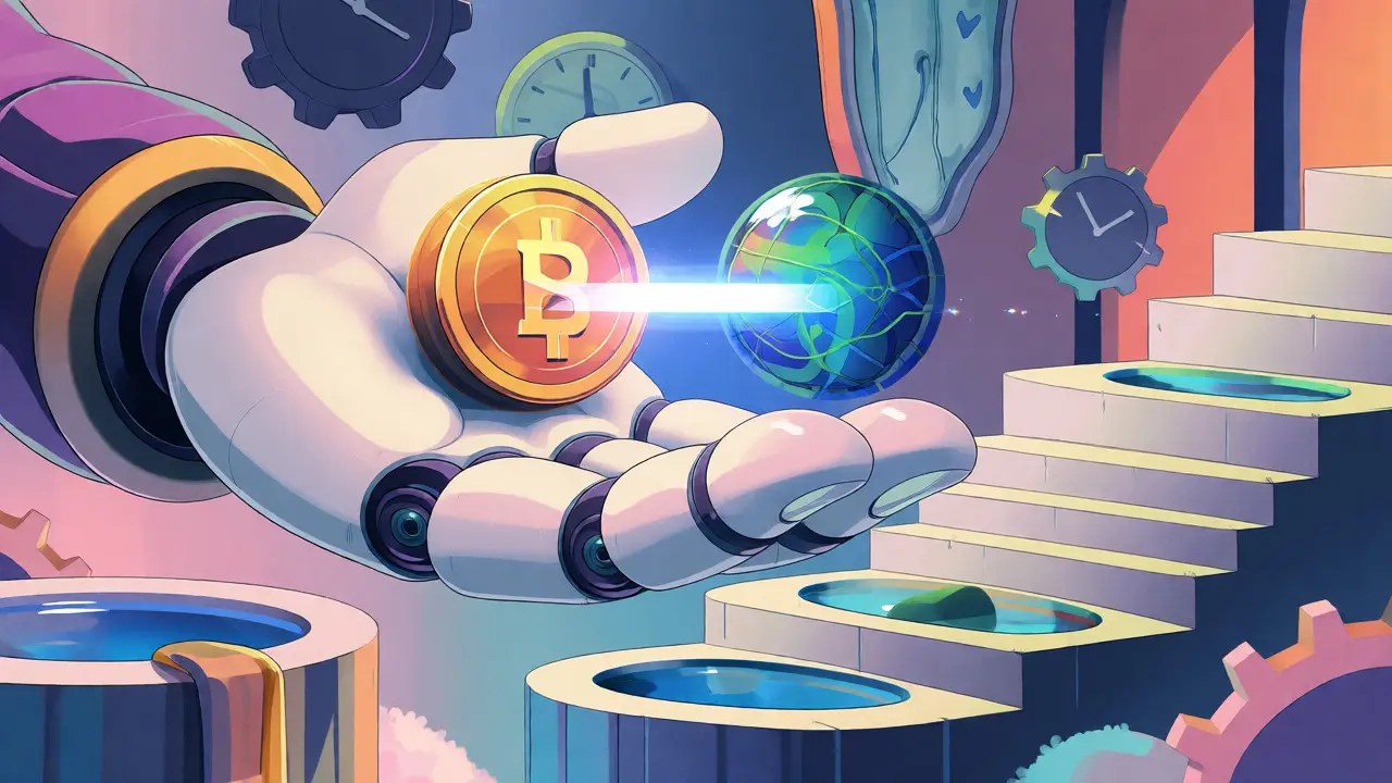 Abstract depiction of fiat and crypto exchanging via a clean energy beam