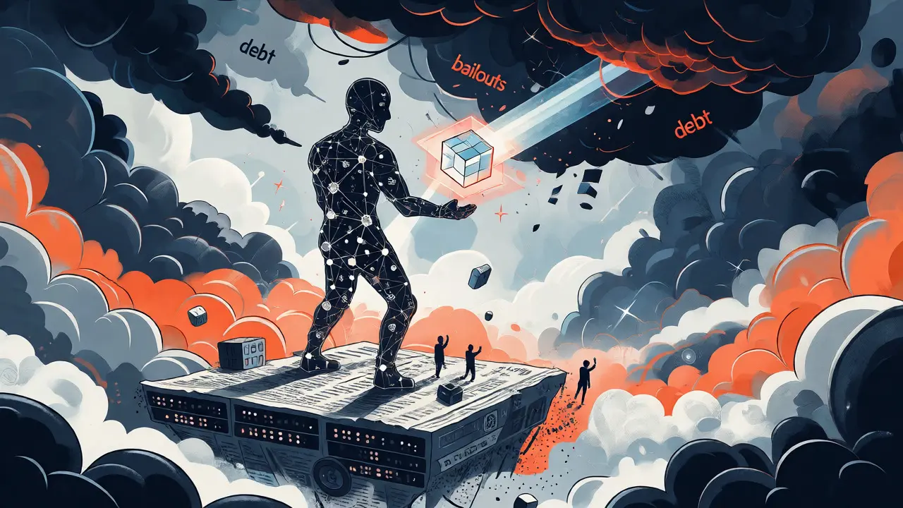 Abstract figure holding a glowing block amidst stormy financial clouds and server islands