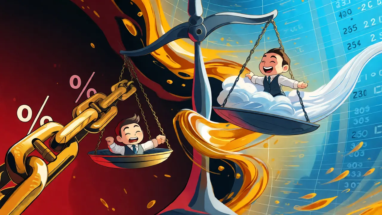 Abstract illustration contrasting heavy chains of high fees with light ribbons of low-cost trading.