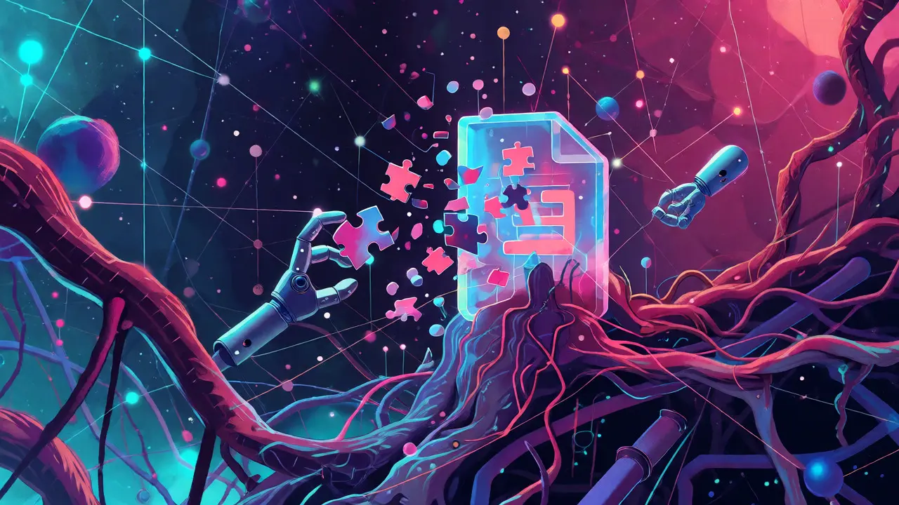 Abstract network of glowing nodes distributing encrypted file fragments across a cosmic web.
