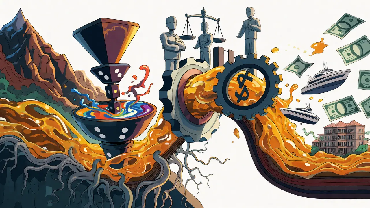 Abstract river of gold flowing through surreal filters becoming clean cash
