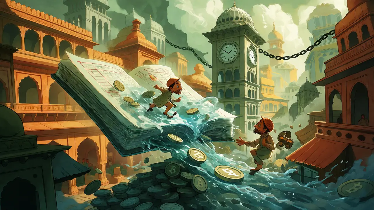 Abstract scene of crypto assets dissolving into a river amidst surreal Indian architecture.
