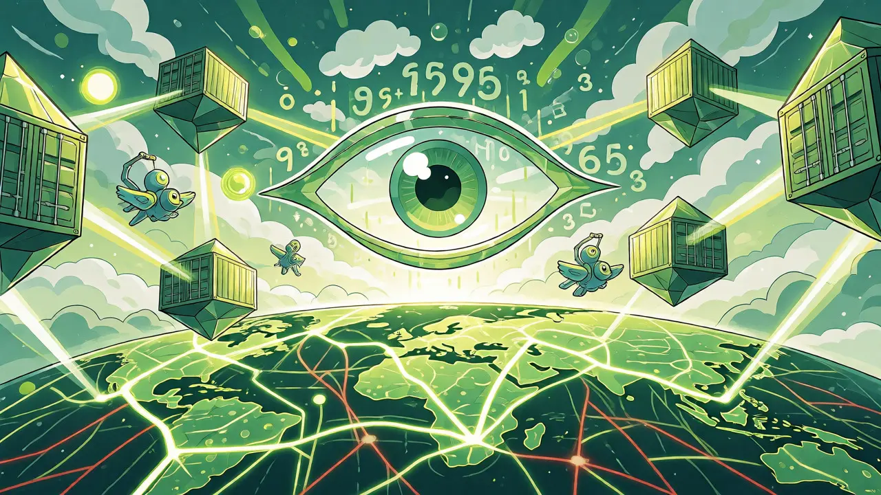 Abstract surreal depiction of autonomous agents managing a crystal-based supply chain guided by a giant oracle eye.