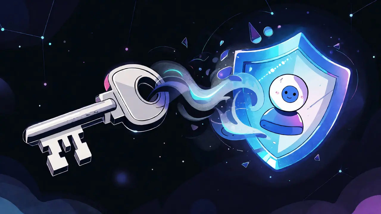 Artistic depiction of a key transforming into a protective smart contract shield.