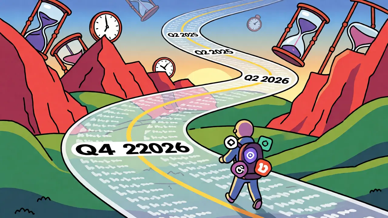 Avatar walking a winding path of transactions through a surreal landscape of clocks and cliffs.