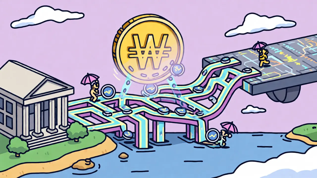 Cartoon depiction of Korean Won merging with USDT across a complex bridge to HTX.