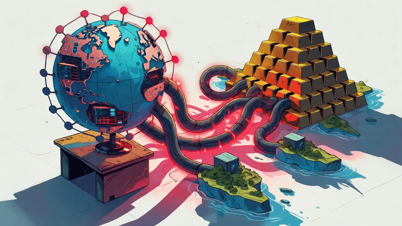 Conceptual art of a global network being pulled toward a fortress of gold bars by cables.