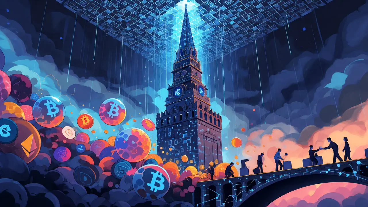 Conceptual art of the Digital Ruble tower controlling floating cryptocurrency bubbles in a surreal setting.
