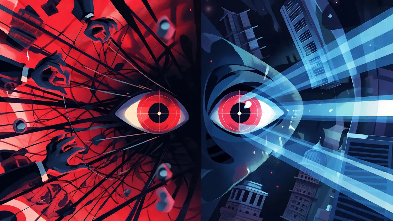 Conceptual art showing enforcement lights cutting through a tangled web of illicit networks