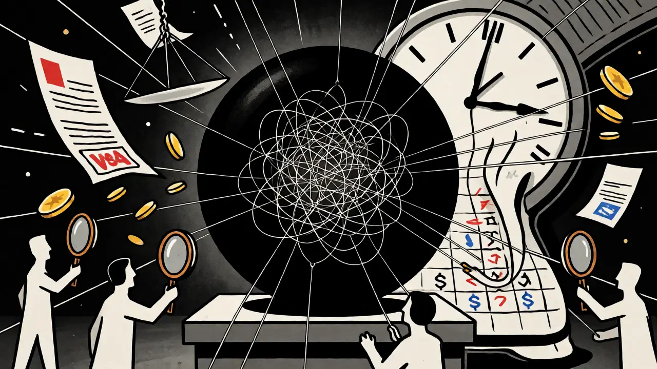 Conceptual art showing humans trying to untangle the complex, opaque decision-making threads of an AI black box.