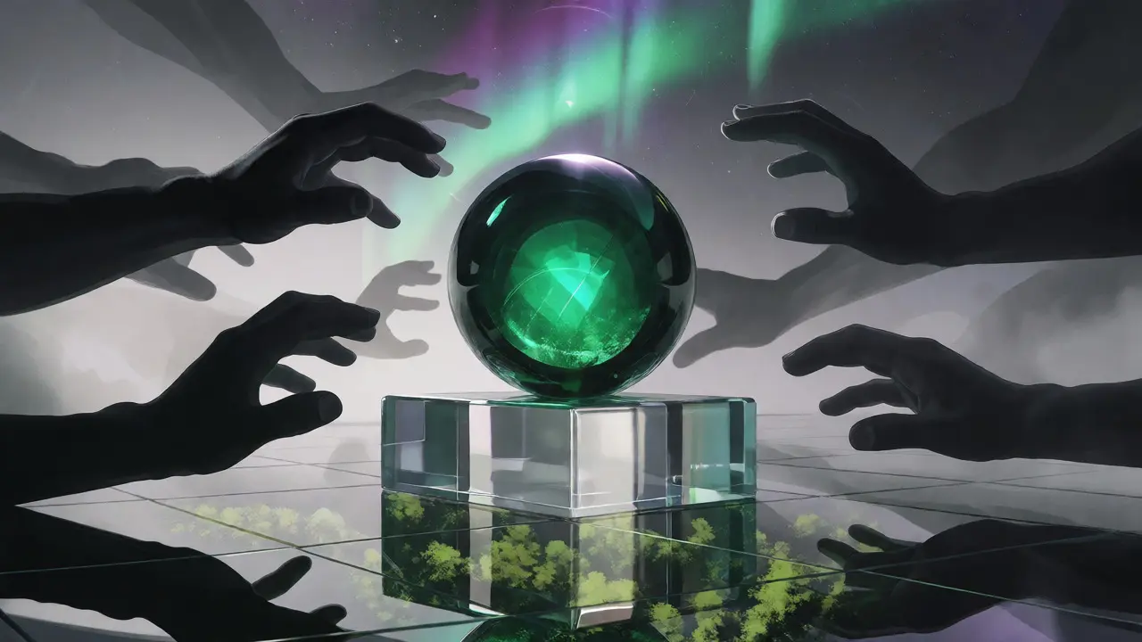 Conceptual image of a glass sphere on a pedestal surrounded by shadowy hands